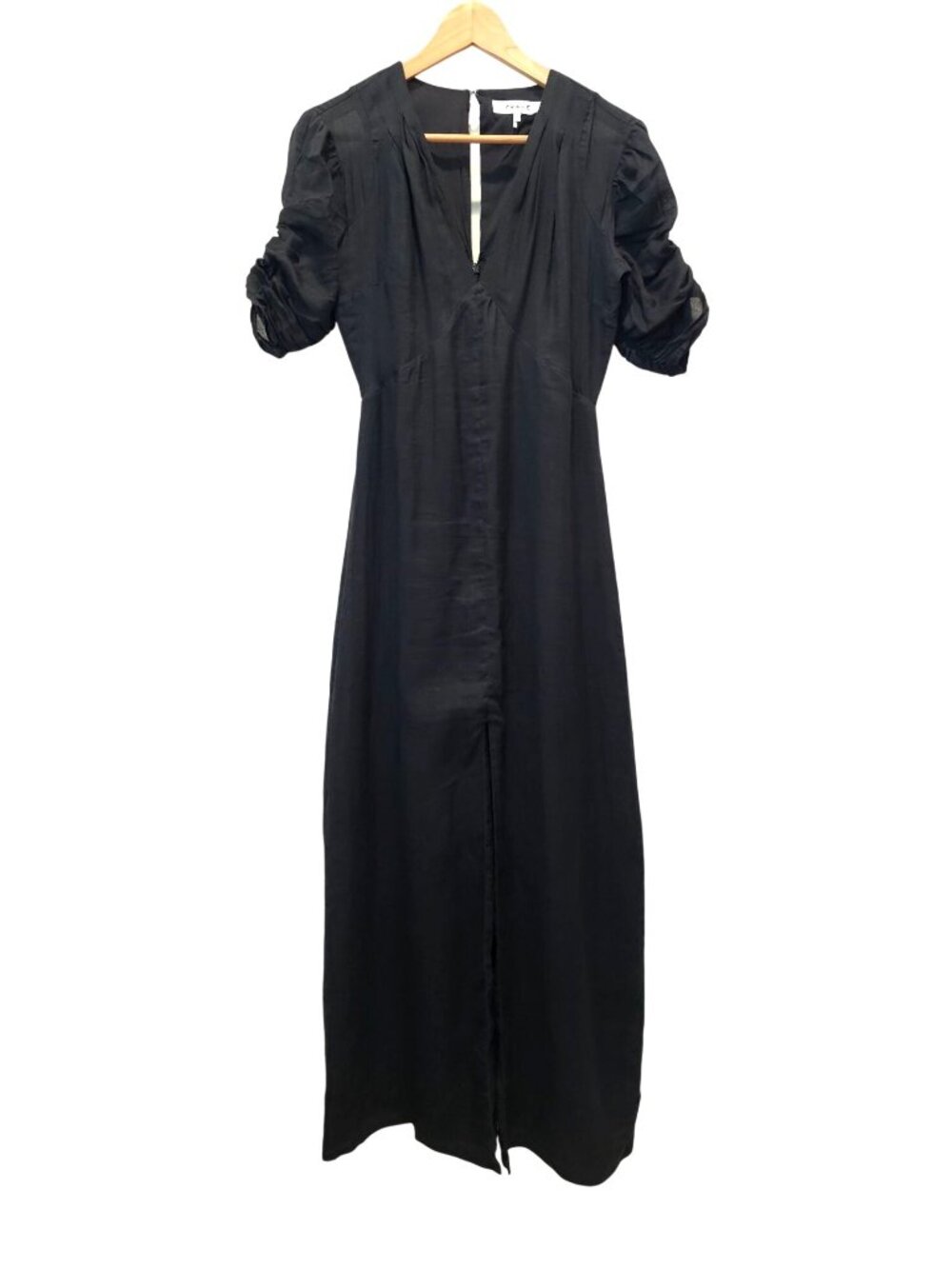 FRAME Shirred Sleeve 100% Ramie Black V-Neck 1/4 Sleeve Maxi Dress Sz XS - Picture 1 of 10